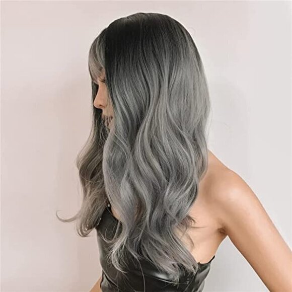 🆕 Stunning Long Dark Gray Ombre Wig Synthetic Lace Wig Full Bangs SEXY NWT👀😘 - Picture 5 of 8
